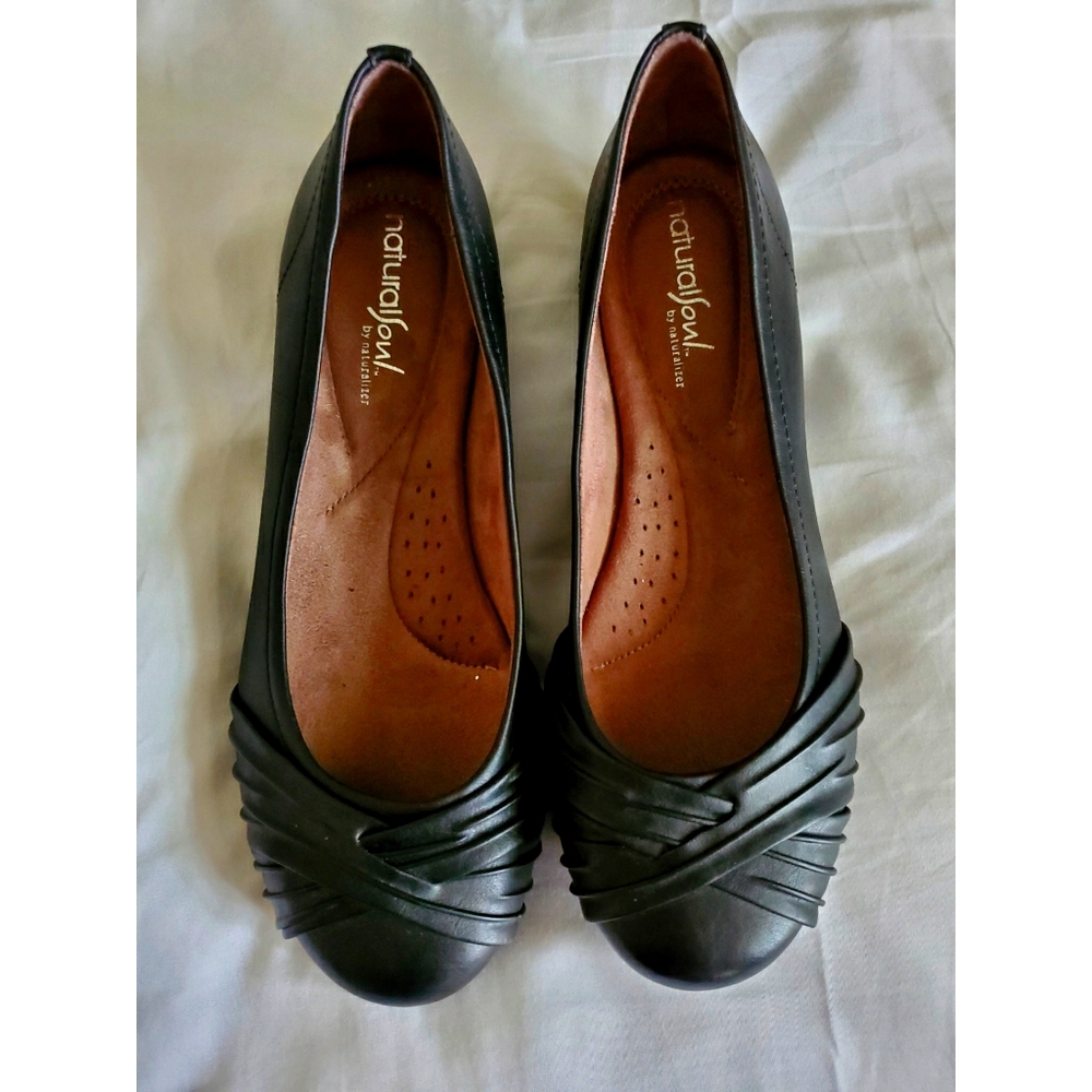 Black faux leather flats